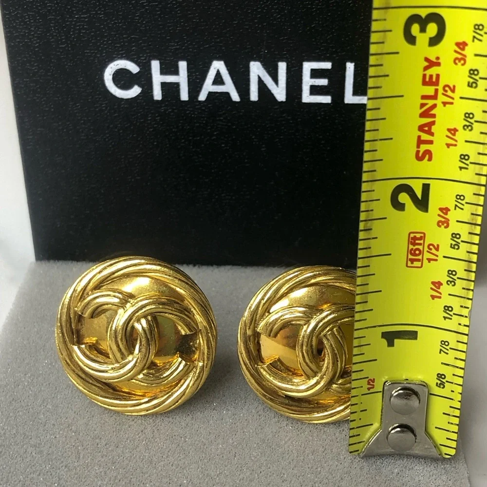 CHANEL Gold Interlinked CC Rope Bezel Detail Statement Earrings w/ Box